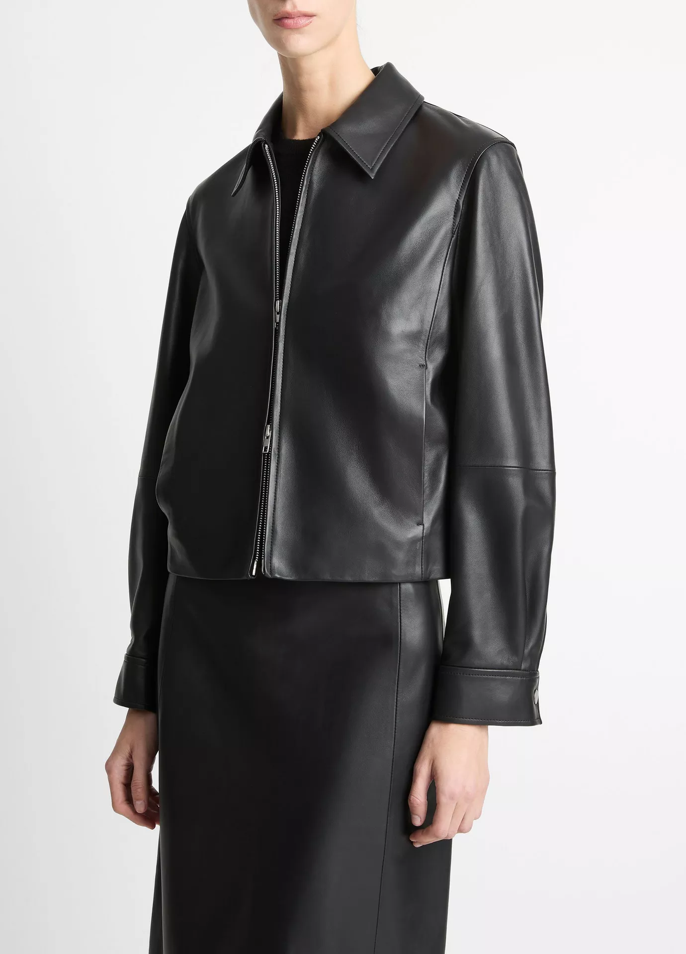 Leather Cropped Zip-Front Jacket